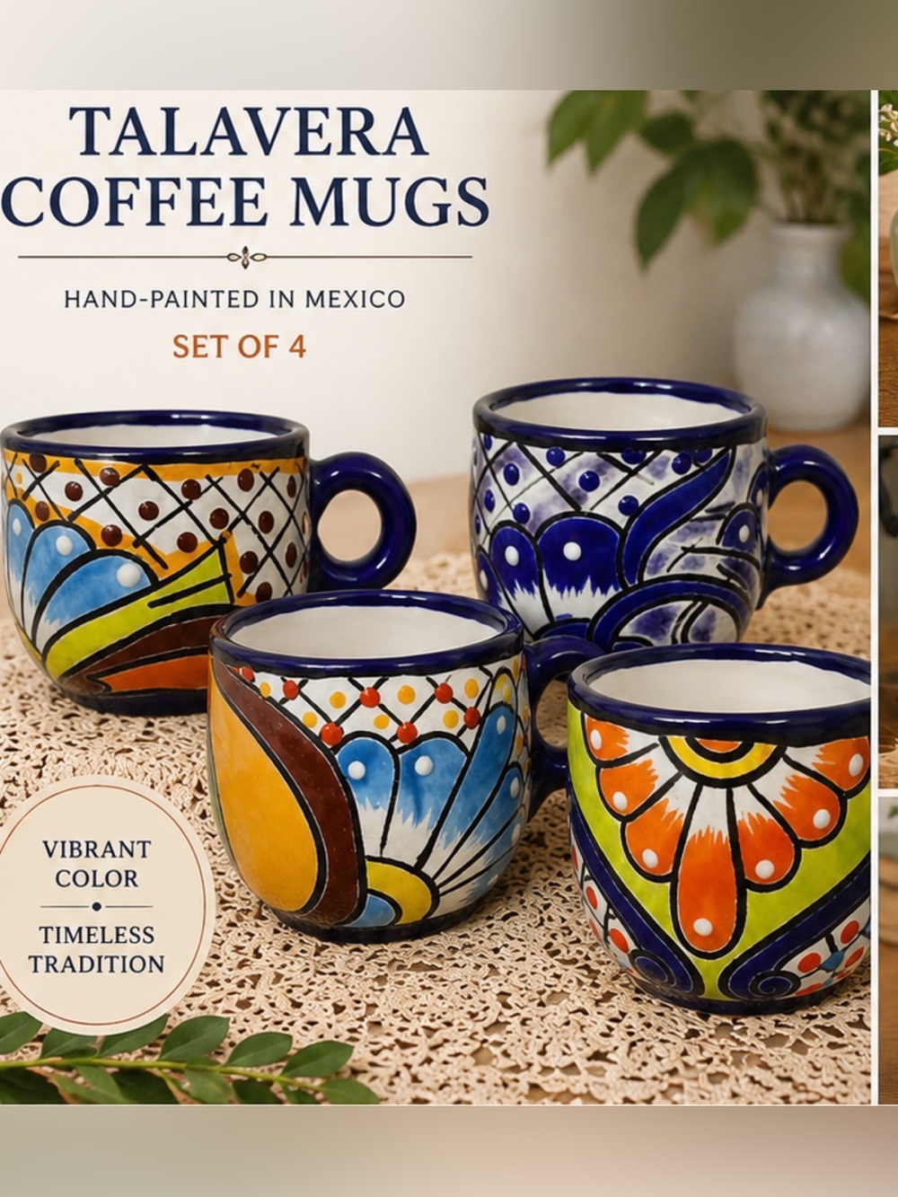 Set‎ of 4 Hand Painted Talavera Style Mexican Ceramic Coffee Mugs